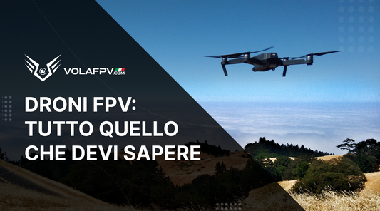 Drone mentre vola visto frontalmente, con montagne e paesaggio sullo sfondo e scritta “Droni FPV: Tutto Quello Che Devi Sapere”