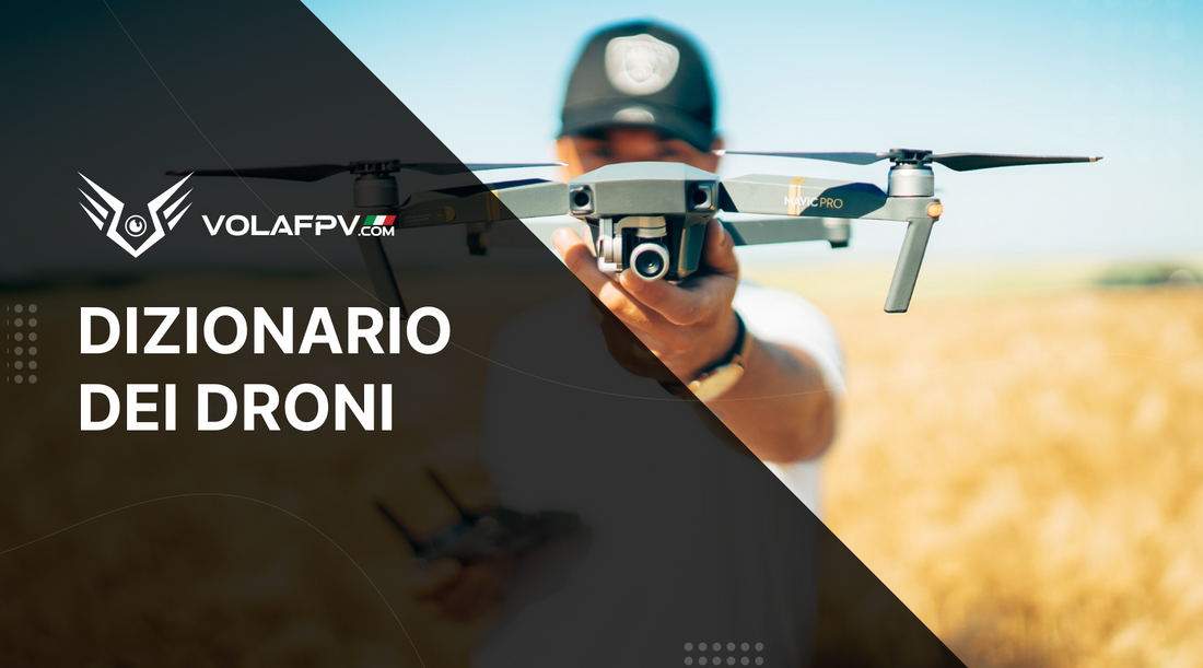 Ragazzo che tiene in mano un drone, porgendolo frontalmente a favore di camera. Scritta di copertina “Dizionario dei Droni”